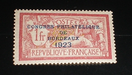 Timbre poste  France, année 1923 T.P.1f.+ 2f .Lie de vin, Olive. Réf 182 Neuf**,gomme d'origine, congrès philatélique de Bordeaux.