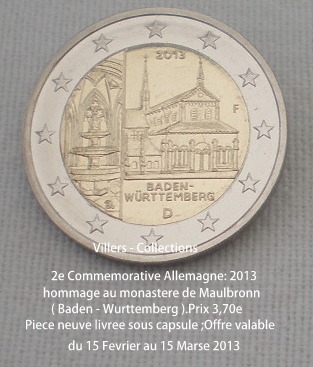 Pièce 2 Euro commémorative Allemagne, année 2013 commémorant le Baden  Wûrttemberg.
