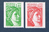 Paire de timbres roulettes non dentelés verticalement plus N°rouge au verso type Sabine Réf:2157a -2158a = 2 valeurs Neufs**gomme d'origine.
