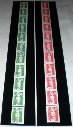 Timbres roulettes bandes de 11 x 2 = 22 T.P  avec  2 N° rouge au verso, Type  Marianne du Bicentenaire. Réf : 92 / 93 = 2  bandes non dentelées verticalement.