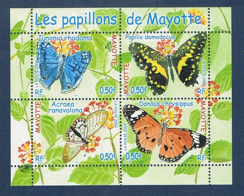 Timbre Mayotte  N° 154 à 157  les papillons