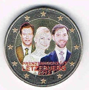 Pièce 2Euro colorisée Luxembourg 2012 Mariage prince Guillaume