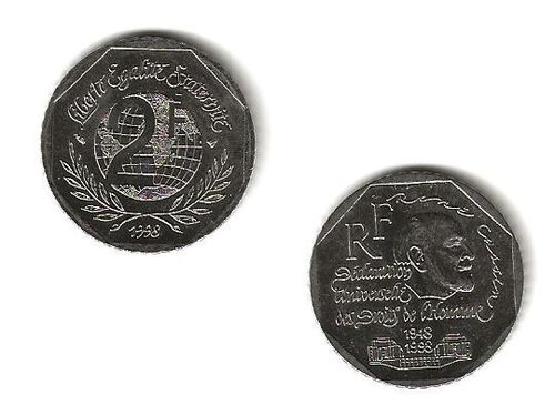 Pièce 2 Francs commémorative 1998 type Droits de L'Homme René Cassin