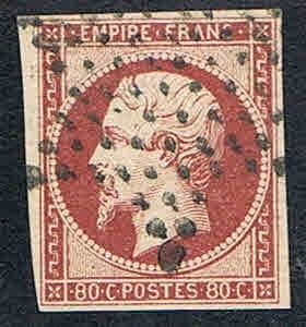 Timbre poste France année 1854, type  Napoléon III légende  Empire Franc.  N° 17A non dentelé oblitéré.