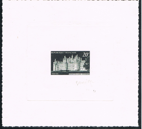 Feuillet épreuve d'artiste année 1952, Réf 924 Châteaux de la loir Chambord réalisée sur une presse à bras,sur un papier épais.