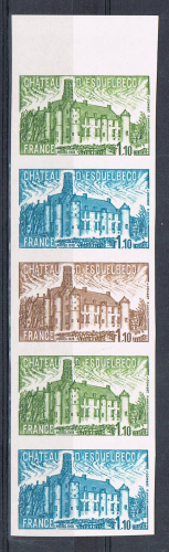 Timbres poste non dentelé Réf 2000 bande d'essai de cinq timbres, Château de d'Esquelbecq.