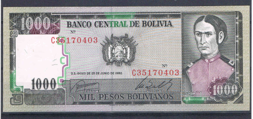 Billet de banque de Bolivia, valeur en chiffres 1000 pesos, numéro d'orde du billet C35170403, état de conservation SUP billet ayant peu circulé.