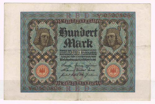 Billet de banque de Reichsbanknote, valeur en chiffres 100 Mark, numéro d'orde du billet Y 0500806, état de conservation TTB billet ayant circulé, de bel aspect.