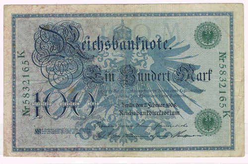 Billet de banque de Reichsbant'note, valeur en chiffres 100 Marf, numéro d'orde du billet Nr 5832165 K, état de conservation TTB billet ayant circulé, de bel aspect.
