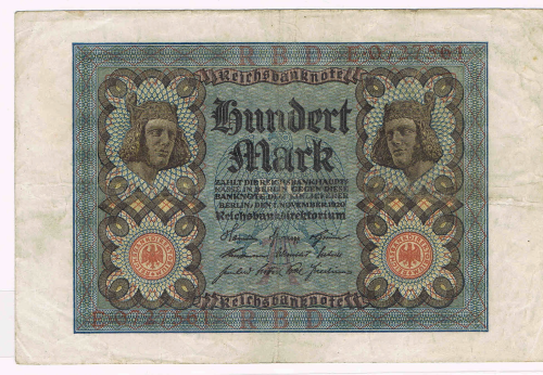 Billet de banque lot X 2 de Reichsbanknote, valeur en chiffres 100 Mark, numéro d'orde du billet E.0727561, état de conservation TTB billet ayant circulé, de bel aspect.