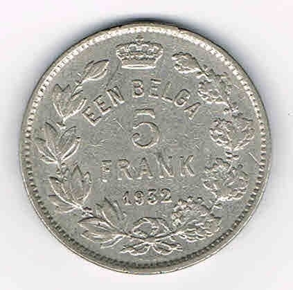 Monnaie de Belgique 5 Frank Albert Koning 1er année 1932, monnaie de qualité  TTB ,  pièce livrée sous capsule.