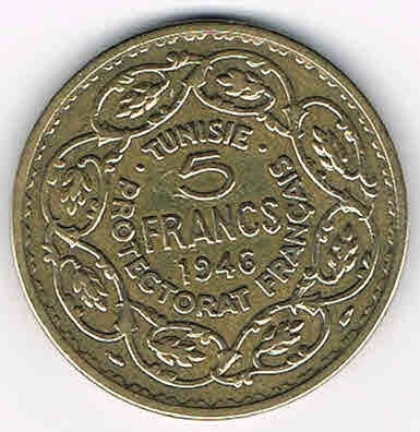 Monnaie de Tunisie type 5 Francs Protectorat Français, année 1946 bronze monnaie de qualité SUP, pièce livrée sous capsule.