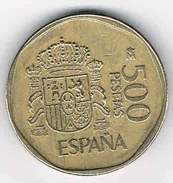 Monnaie Espagne type 500 pesetas Juan Carlos I Ysofia, année 1988 bronze monnaie de qualité TTB, pièce livrée sous capsule.