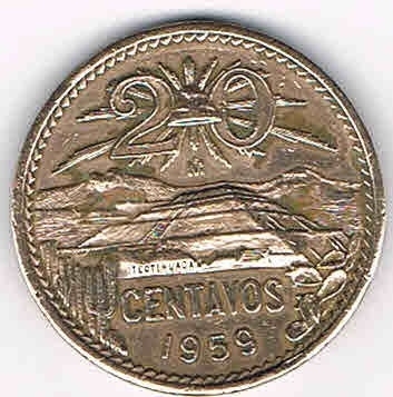 Monnaie du Mexique type 20 centavos Estatos Unidos Mexicanos, année 1959 bronze monnaie de qualité T.T.B, pièce livrée sous capsule.