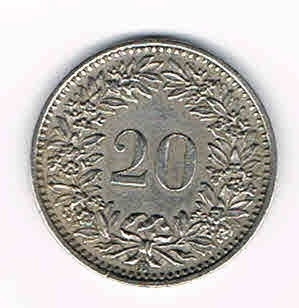 Pièce de Suisse type 20 centimes rappen, confoederatio Helvitaca, date de frappe 1953, monnaie livrée sous capsule.