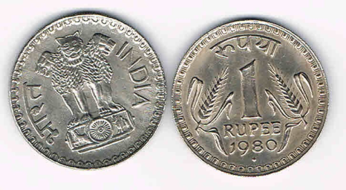Monnaie India de 1 roupee, date de frappe 1980, pièce livrée sous capsule.