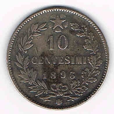 Pièce d'Italie lot N° 2, de 10 centimes, date de frappe 1893BB, métal cuivre, inscription UmbertoI- RE- D'Italia, livrée sous etui plastique avec rabat.