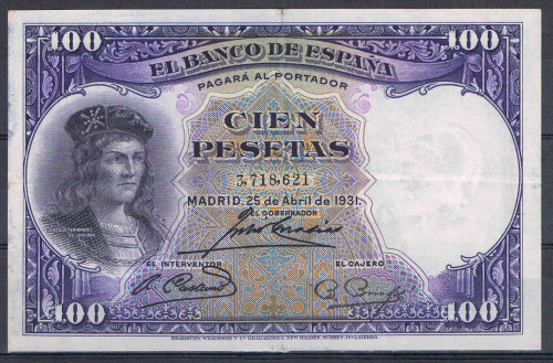 Billet de banque Espagne, valeur en chiffres 100 pesetasN° de contrôle 3,718,621, date de création Madrid, 25 de Abril de 1931 SUP +,  livré sous pochette. Lot X1.