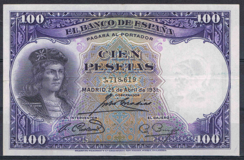 Billet de banque Espagne, valeur en chiffres 100 pesetas, numéro de contrôle 3,718,619, date de création Madrid 25 de Abril de 1931, SUP +,  livré sous pochette. Lot X 3.