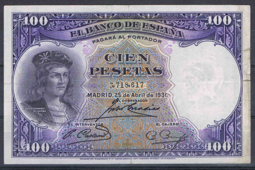 Billet de banque Espagne, valeur en  chiffres 100 pesetas,  numéro de contrôle 3,718,617, date de création  Madrid, 25 de Abril de 1931, TB +, livré sous pochette. Lot X 4.
