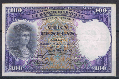 Billet de banque Espagne, valeur en chiffres 100 pesetas, numéro de contrôle 0,864,377, date de création Madrid 25 de Abril de 1931, TTB +, livré sous pochette, lot X 6