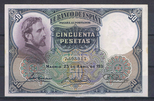 Billet de banque Espagne, 50 pesetas, N° de contrôle  7,602,913, date de création Madrid, 25 Abril 1931, SUP +,  livré sous pochette. Lot R 1.