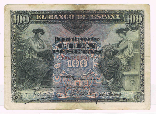 Billet de banque Espagne, valeur en chiffres 100 pesetas, numéro de contrôle DO, 589, 801, type T.B. Billet livré sous pochette. Lot Z1.