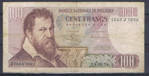 Billet banque nationale de Belgique, valeur en chiffres 100 Francs  du 24 /08 /71, type Lambert Lombard, numéro de contrôle 1513 J 7692, série N° 378087692, type T.B.