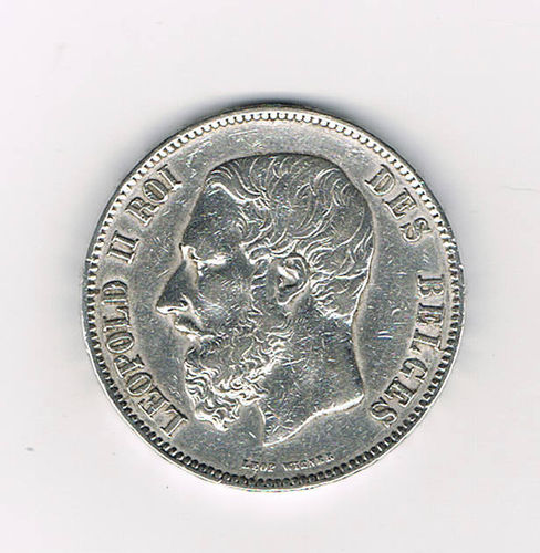 Belgique pièce 5FR argent Léopold II roi des belges 1870