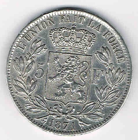 Pièce de Belgique 5 FR argent, Léopold II roi des belges, année 1871.