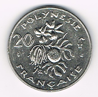Pièce 20 Francs Polynésie Française métal nickel année 2000, revers: gousses de vanille URU, fruits d'arbres à pain.