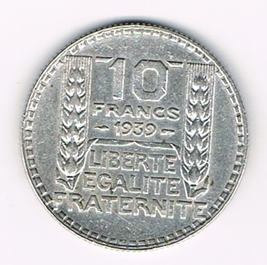 Pièce 10 Francs argent Turin 1939 rameaux longs Marianne