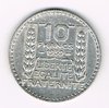 Pièce 10 Francs argent type Turin rameaux longs, année 1939 très rare, état de conservation T.T.B. Avers : la tête de Marianne symbole de la république Française.