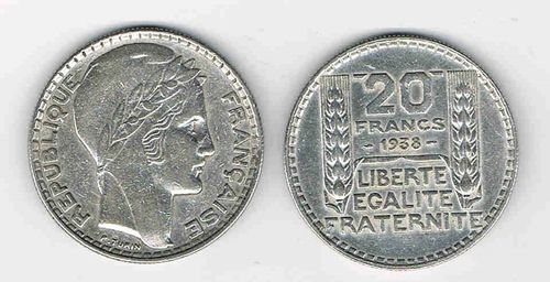 Pièce 20 Francs argent Turin 1938 Marianne symbole de la République