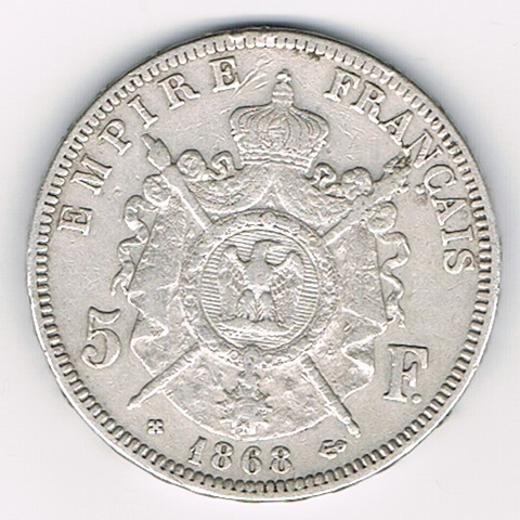 Pièce 5 Francs argent type Napoléon III  empereur tête laurée, année 1868 BB- empire Français, qualité T.T.B.  livrée sous capsule.