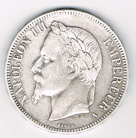 Pièce 5 Francs argent type Napoléon III empereur tête laurée, année 1868  A - empire Français, qualité T.T.B. livrée sous capsule.