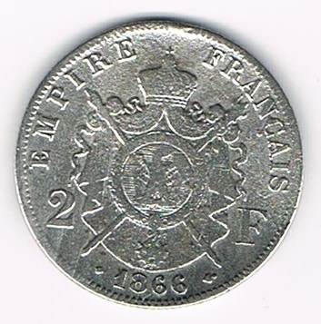 Pièce 2 Francs argent type Napoléon III tête laurée année 1866 BB tranche striée, qualité T.T.B. pièce livrée sous capsule.  ,