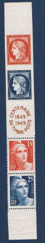 Timbres poste de France la bande de  quatre timbres N°B 833 A, légende centenaire du timbre non dentelé, sauf  N° 832, 833, type Cérès.