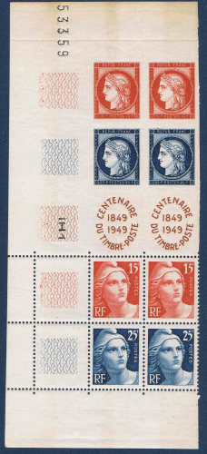 Timbres poste de France les deux bandes  de quatre timbres bas de feuille avec N° 53359 - I H 1- type Cérès N° B 833A Neufs** gomme  d'origine, légende centenaire du timbre.