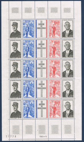 Timbres de France mini-feuille de cinq bande numérotées avec emblème homage au général de Gaulle