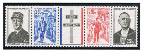 Timbres de France N° 1698A la bande de quatre timbres avec une vignette centrale sans valeur représentant une croix de lorraine.