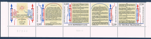 Bande 4 valeurs bas de feuille N° B 2605A timbres Neufs** de France,  année 1989 légende bicentenaire de la déclaration des droits de l'Homme et du citoyen.