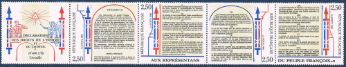 Bande ou timbres découpés de 4 valeurs N° B 2605A  timbres Neufs** de France  année 1989, légende bicentenaire de la déclaration des droits  de l'Homme et du citoyen.