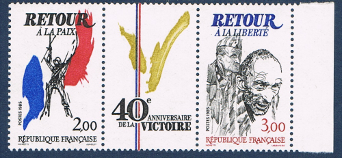 Bande triptyque N° T 2369A timbres Neufs** de France année 1985, légende 40ème anniversaire de la victoire, retour à la liberté.