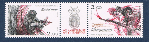 Bande triptyque N° T2313A timbres Neufs** de France année 1984, légende 40ème anniversaire de la libération, résistance et débarquements.