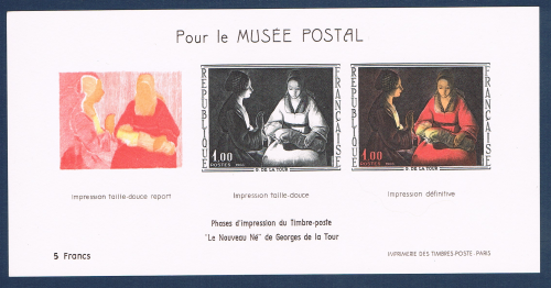 Document philatélique N° 1479b reproduisant les phases d'impressin  du timbre-poste,  le nouveau né-de Georges de la Tour.