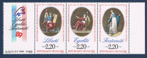 Bande triptyque avec vignette sans valeur, N° 2576 timbre Neuf** année 1989. Légende  Liberté, Egalité, Fraternité, philexfrance 89.