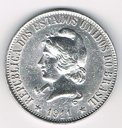 Pièce république du Brésil, 2000 reis XX  grammas, légende : dos estados unidos do brasil 1911, monnaie en excellent état.