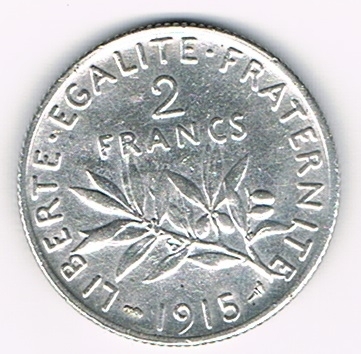 Pièce 2 Francs argent type semeuse année 1915 état SUP Avers: la semeuse drapée, coiffée d'un bonnet phrygien.