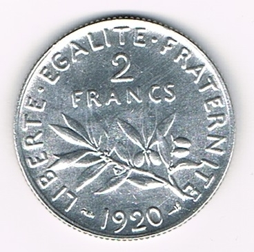Pièce 2 Francs argent type Semeuse année 1920 état SUP , Avers : la semeuse drapée, coiffée d'un bonnet phryrien.